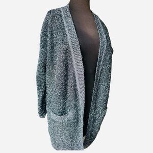 Nour Hammour Oversized Metallic Knit Fuzzy Open Front Cardigan Black Silver XS
